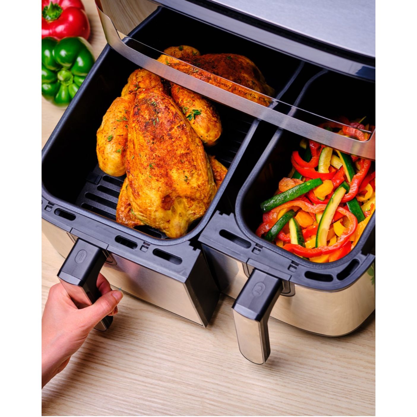 Tefal مقلاة هوائية مزدوجة Easy Fry & Grill ستانلس ستيل 8.3 لتر Tefal مقلاة هوائية مزدوجة Easy Fry & Grill ستانلس ستيل 8.3 لتر