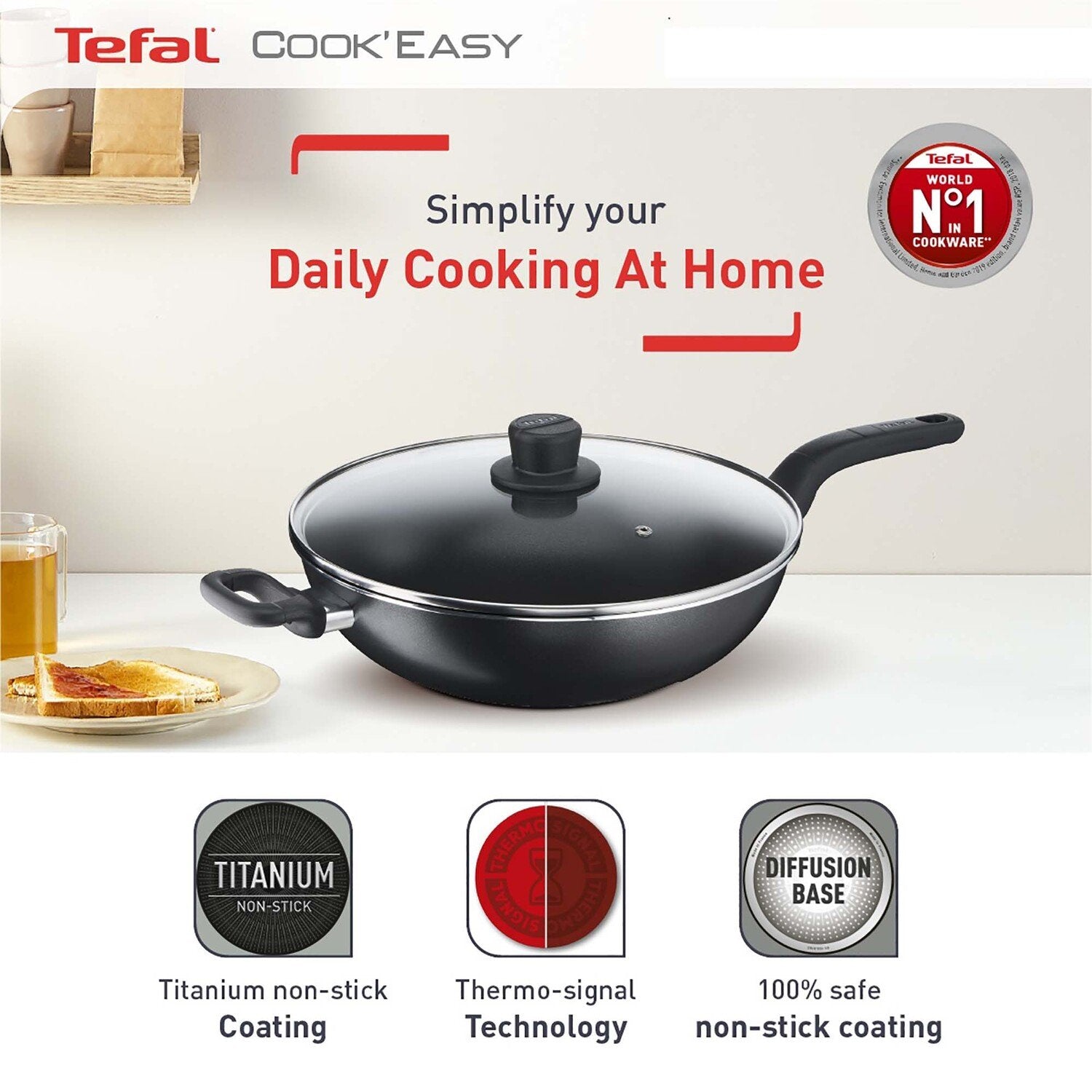 Tefal مقلاة ووك 32 سم مع غطاء Cook Easy Tefal مقلاة ووك 32 سم مع غطاء Cook Easy